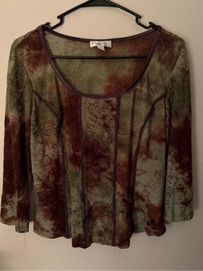 Dressbarn Y2K Floral Mesh Top Brown Olive Green Tie Dye Whimsigoth Fairycore PM